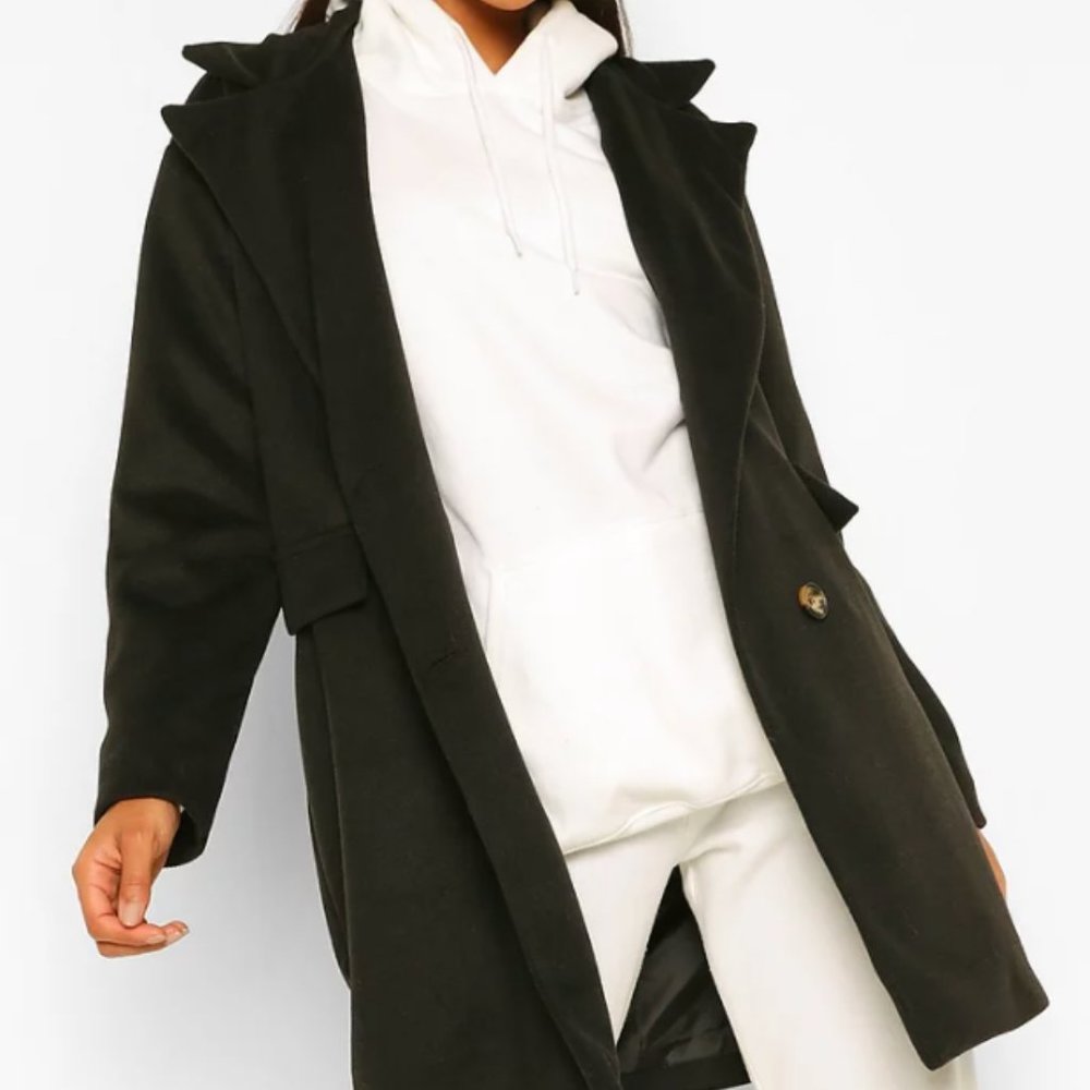 Black Double Breasted Wool Look Coat